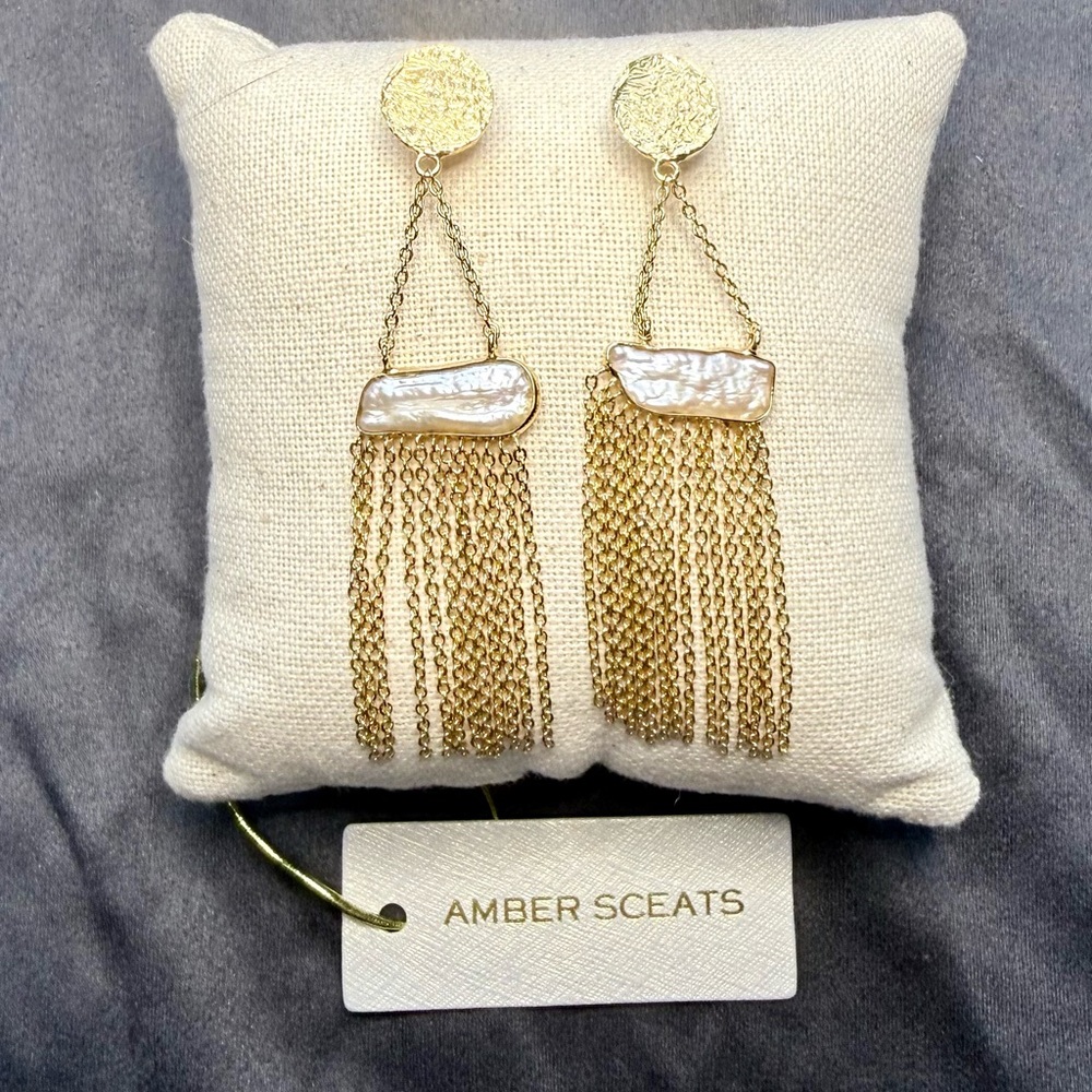 Amber Sceats 24k Gold Genuine Pearl Fringe Drop Earrings